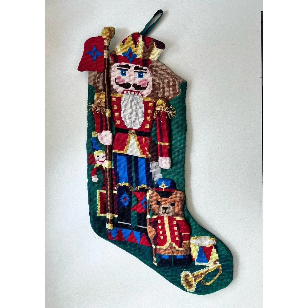 Vintage 2 Handmade Needlepoint Christmas Stockings Nutcracker & Teddy Bear